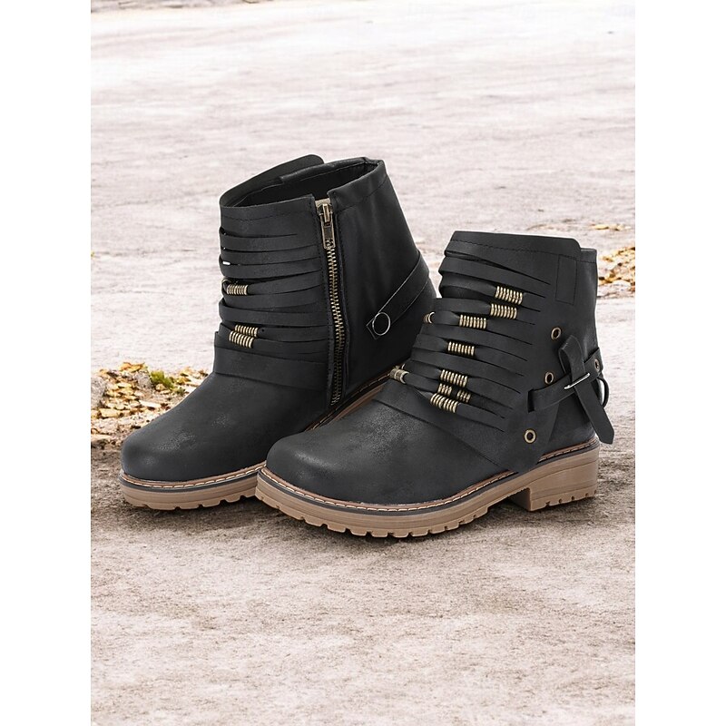 Women's Fringe Ankle Boots - Black Casual Low-Heel Booties with Buckle Strap and Rustic Detailing for Everyday Wear2