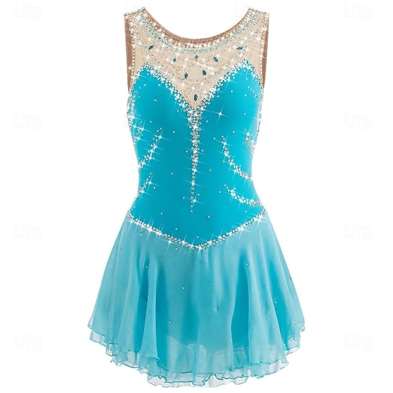 Figure Ice Skating Dresssleeveless Leotard Competition Rhinestones Ice Skating Dance Dresses Costume for Kids Girls Women's