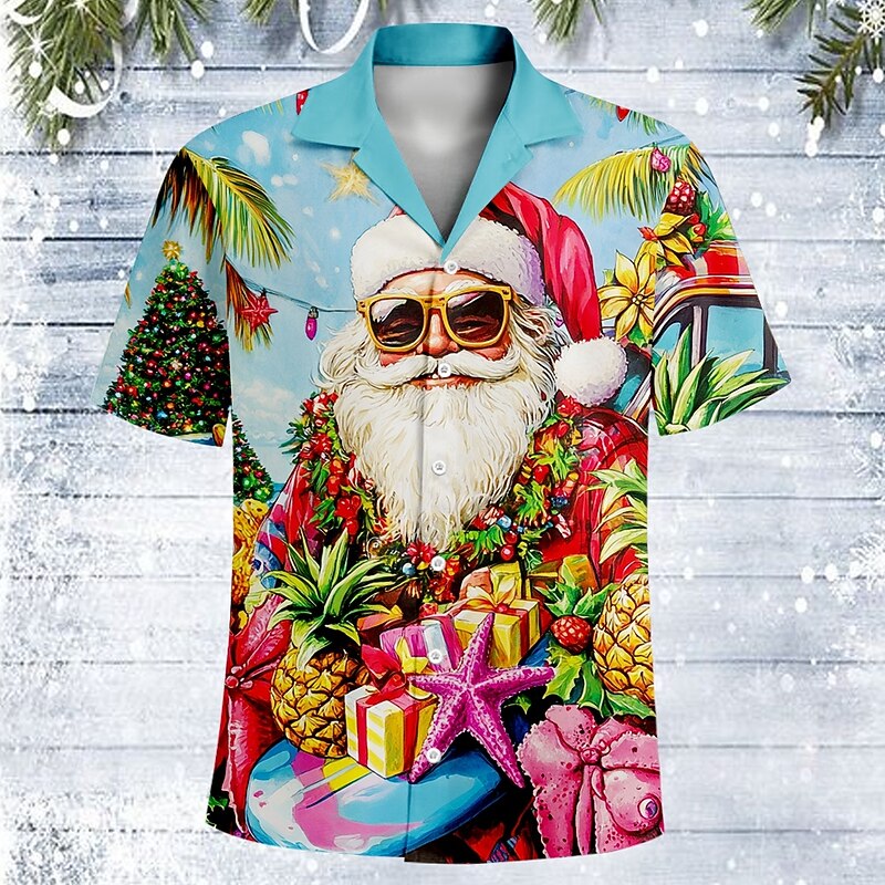 Christmas Men's Fruit Santa Claus Shirt Summer Hawaiian Shirt Button Up Shirt Short Sleeve Hawaiian Casual Outdoor Daily Holiday Summer Cuban Collar Print Button-Down Light Blue Red Blue Sky Blue