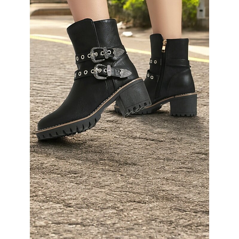 Women's Blue Ankle Boots with Double Buckle Straps and Chunky Heel – Western-Inspired Design with Metal Stud Accents for Casual and Rugged Looks2