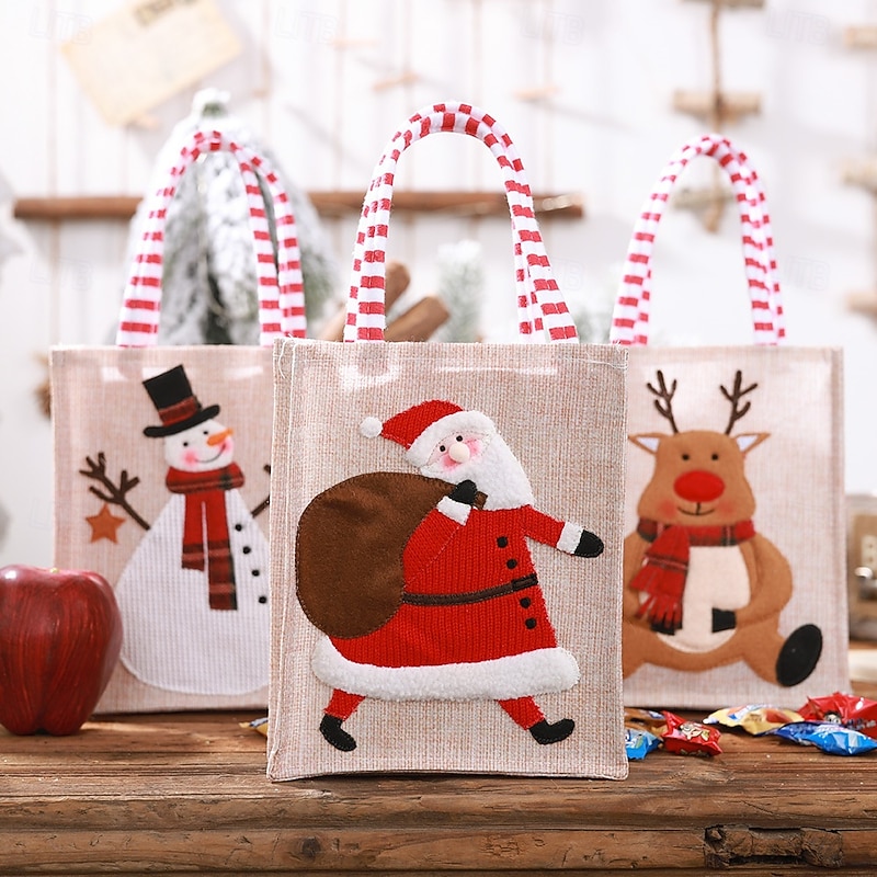 Christmas Gift Bags, Burlap 3D Embroidered Tote Bags for Kids, Candy Bags and Storage Pouches for Holiday Decorations3