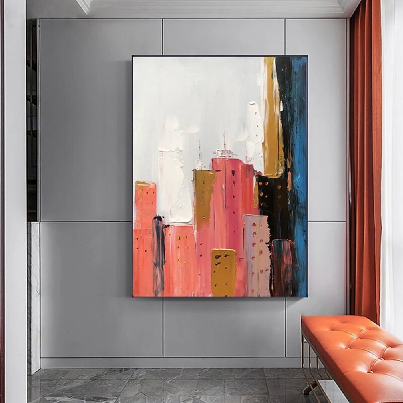Modern abstract city oil painting hand painted oil painting 3D texture oil painting hand painted white Red orange city oil painting for bedroom living room decor home chrismas  gift2