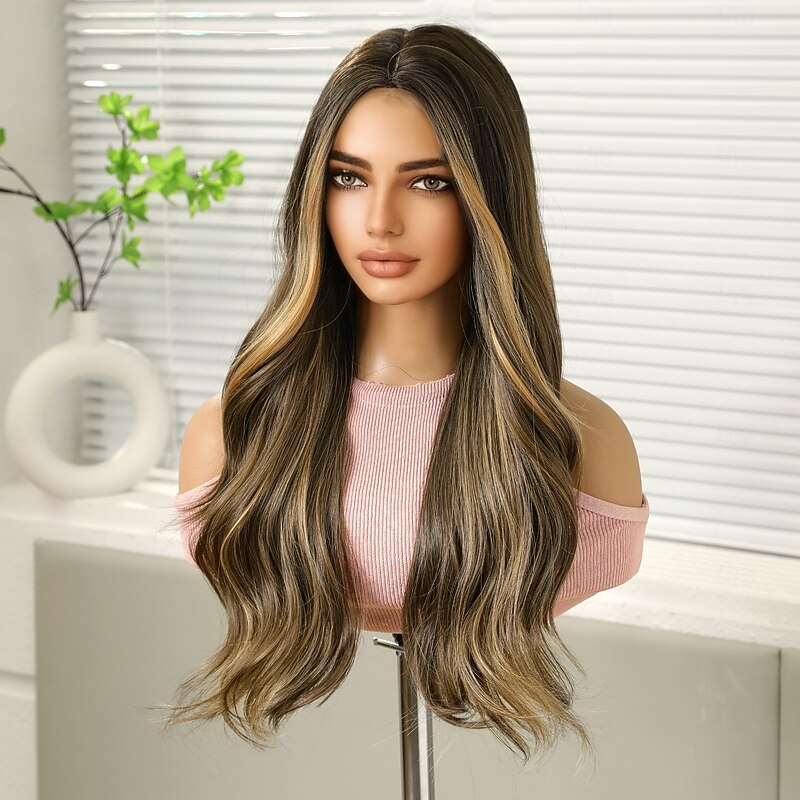 Synthetic Wig Curly Wavy Middle Part Machine Made Wig 26 inch Black / Brown Synthetic Hair Women's Cute Cosplay Party Blonde2
