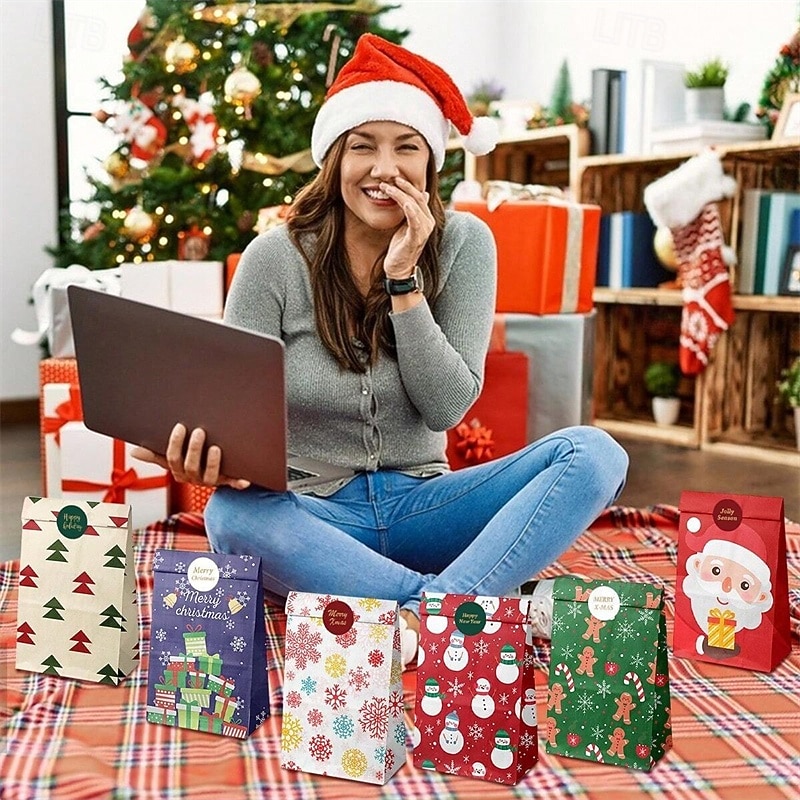 Christmas Gift Bags with Snowman, Santa, and Snowflake Designs – Candy and Treat Bags with Stickers & Clips, Advent Paper Gift Bags for Holiday Wrapping2