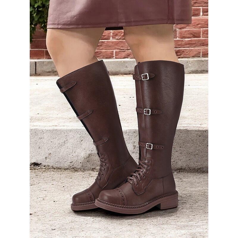Women's Wide-Calf Lace-Up Combat Boots with Buckle Straps, Rugged Sole - Comfortable & Stylish for Casual and Outdoor Wear4