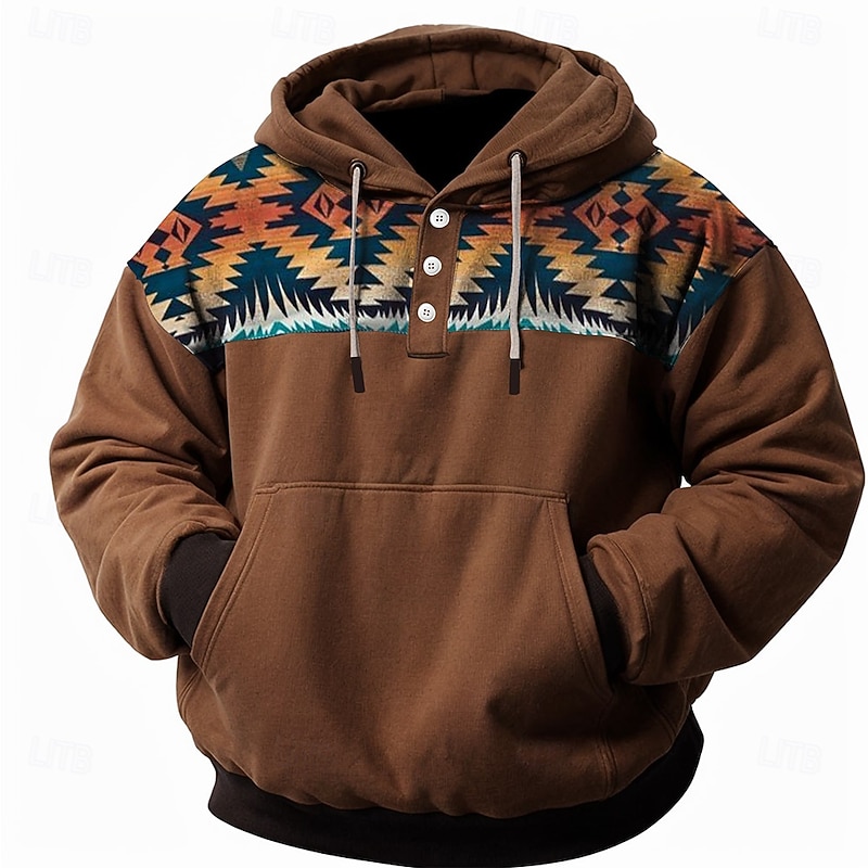 Men's Folk Hoodie Hoodies Sweatshirts Ethnic Casual Long Sleeve Hooded Sports Outdoor Streetwear Maroon Blue Pocket 3D Print Fall Winter Designer