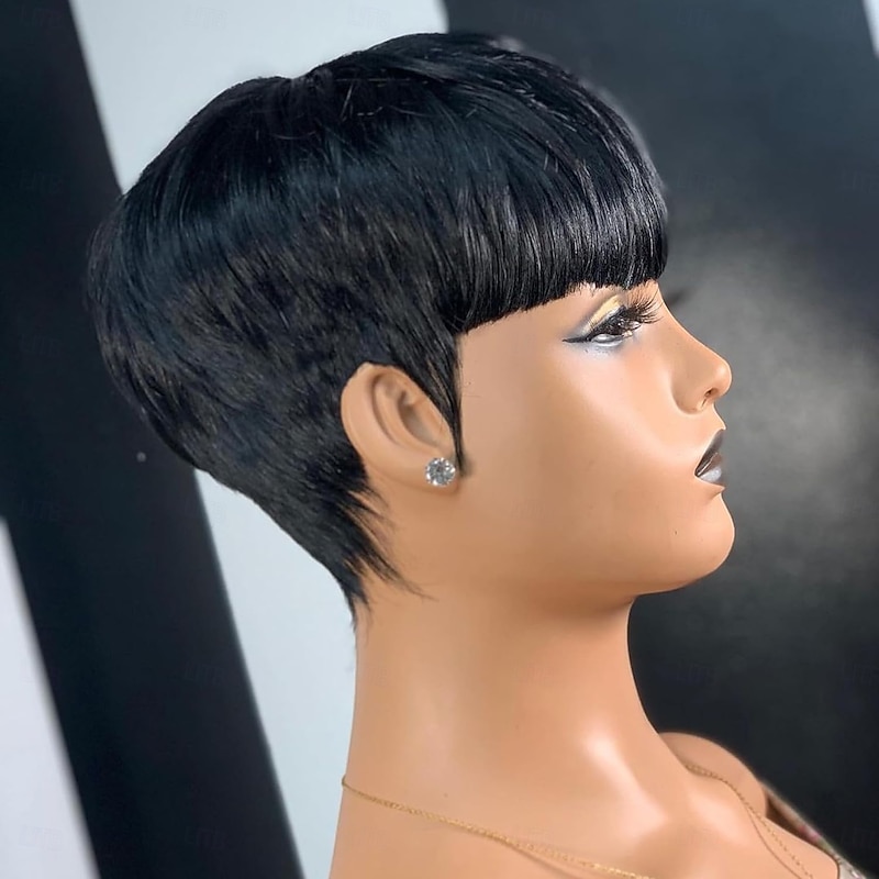 Pixie Cut Wig Human Hair Wigs For Black Women Short Layered Pixie Cut Wigs Full Machine Made Wigs Brazilian Virgin Human Hair Wigs For Women Glueless Wigs Natural Black Color4