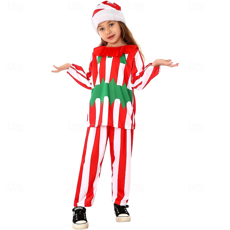 Candy Cane Sleepwear Christmas Pajamas Girls' Cosplay Costume Kid's Christmas New Year Christmas Eve Christmas Party Top Pants Hat