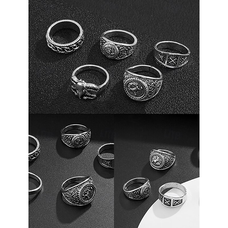 Vintage Style Men's Silver Alloy Ring Set with Geometric and Engraved Patterns – Retro Fashion Accessories for Everyday Wear4