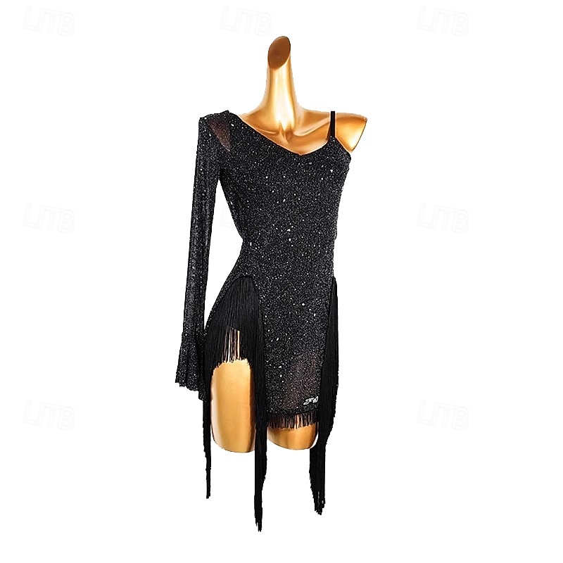 Latin Salsa Dance Dress Tassel Pure Color Splicing Women's Performance Training Long Sleeve Mesh3
