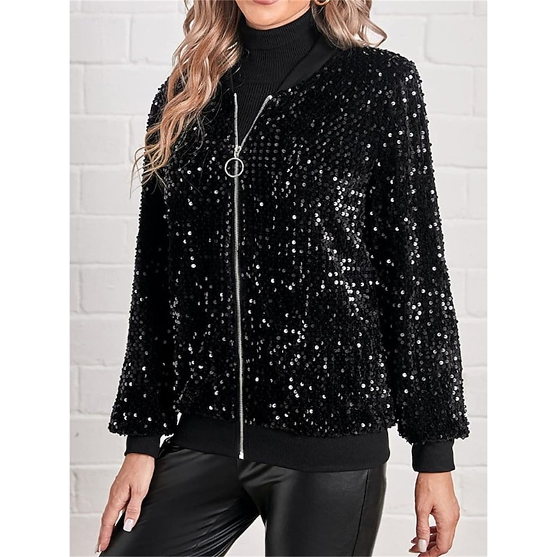 Women's Bomber Jacket Outdoor Street Daily Wear Fall Winter Short Coat Regular Fit Thermal Warm Breathable Stylish Casual Jacket Long Sleeve Plain Sequins with Pockets Black2