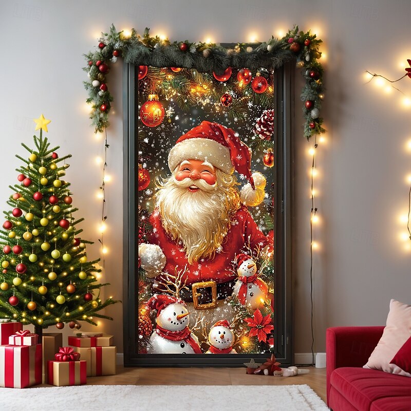 Christmas Door Decorations Door Covers Xmas Santa Snowman Ornaments Door Tapestry Door Curtain Decoration Backdrop Indoor/Outdoor Door Banner for Front Door Farmhouse3