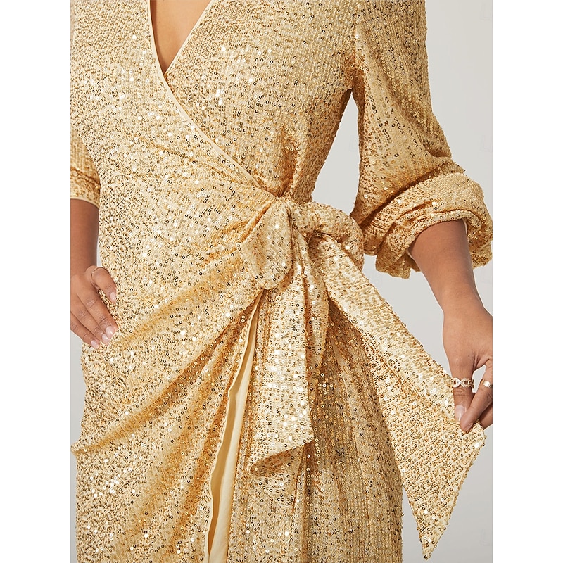 Women's Knee Length Dress Sequin Dress Elegant Cocktail Party Regular Fit Long Sleeve V Neck Gold Fall Winter3
