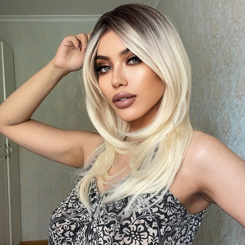 Synthetic Wig Uniforms Career Costumes Princess Straight kinky Straight Middle Part Layered Haircut Machine Made Wig 20 inch Light golden Synthetic Hair Women's Cosplay Party Fashion Blonde4