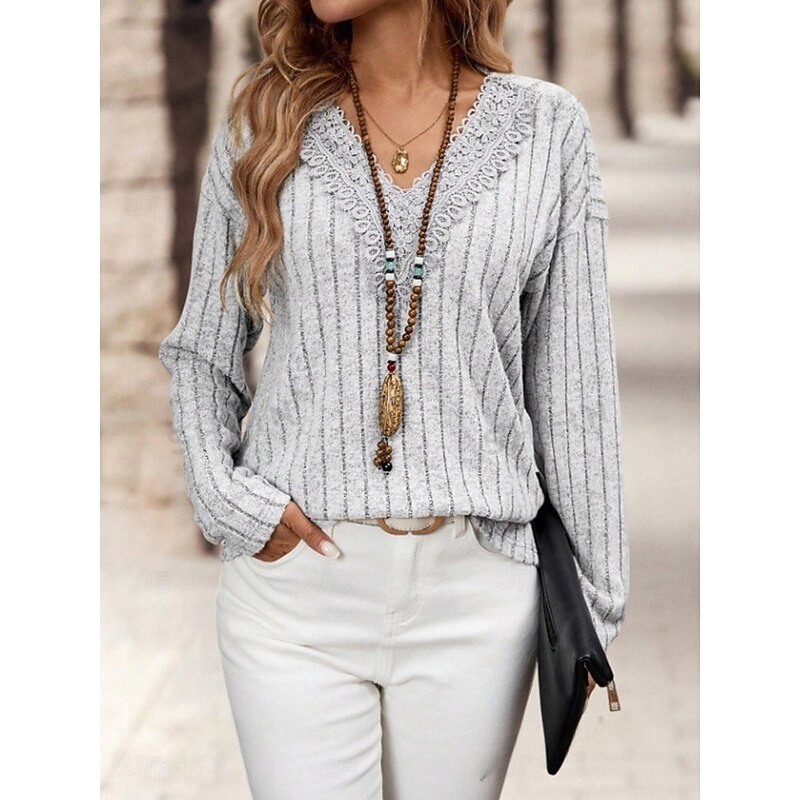 Women's Elegant Lace Tops Eyelet Blouse Casual Solid Color Regular Tops Long Sleeve V Neck Lace Regular Fit Daily Gray Romantic Petite Tops Summer Holiday Wear Semi Formal Blouses