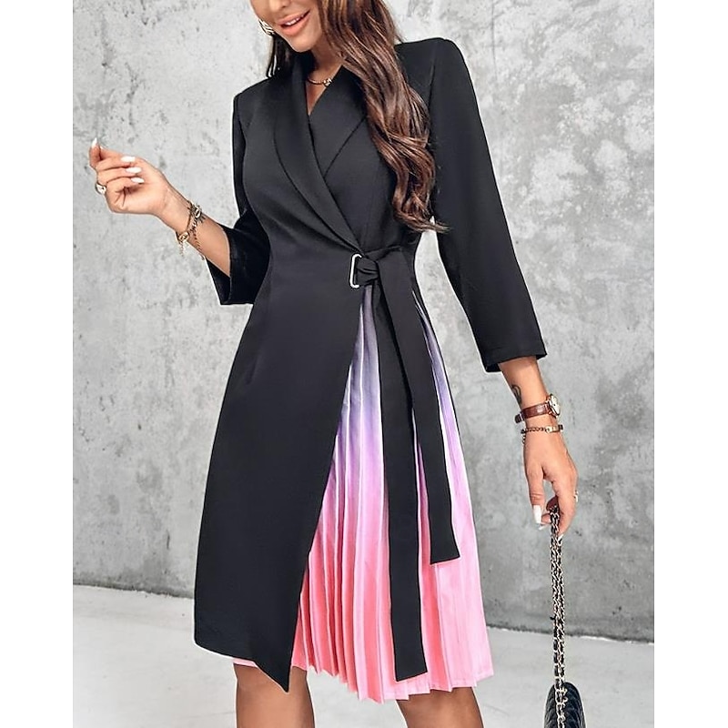 Women's Casual Dress Mini Dress Patchwork Elegant Casual Lapel Long Sleeve Black Color4