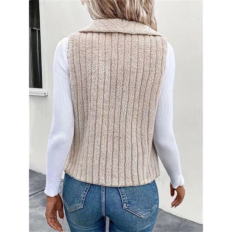 Women's Fleece Vest Warm Breathable Fleece Lined Casual Plain Vacation Street Daily Wear Going out Open Front Regular Turndown Regular Fit Sleeveless Outerwear White Khaki Gray Fall Winter2