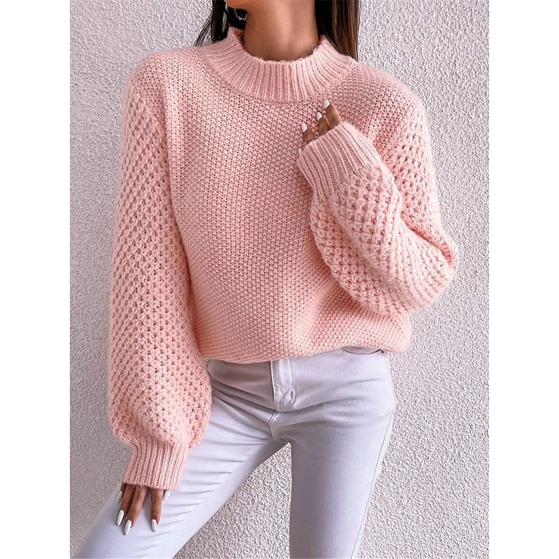 Women's Sweater Pullover Sweater Jumper Casual Soft Pure Color Ribbed Crew Neck Knitted Long Sleeve Regular Tops Knit Outdoor Daily Weekend White Pink Fall Winter3