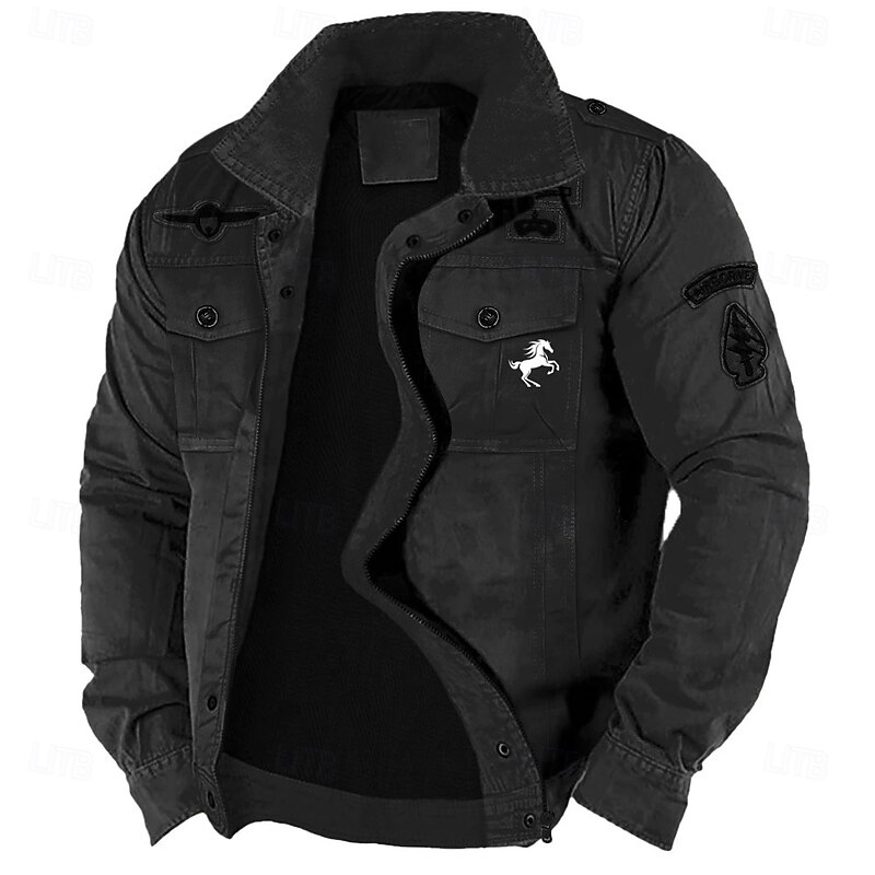 Men's Cotton Embroidered Military Jacket Cargo Jacket with Shoulder Straps Long Sleeve Standing Collar Multi-Pockets Coat Trucker Jacket Animal Horse Print Tactical Outerwear4