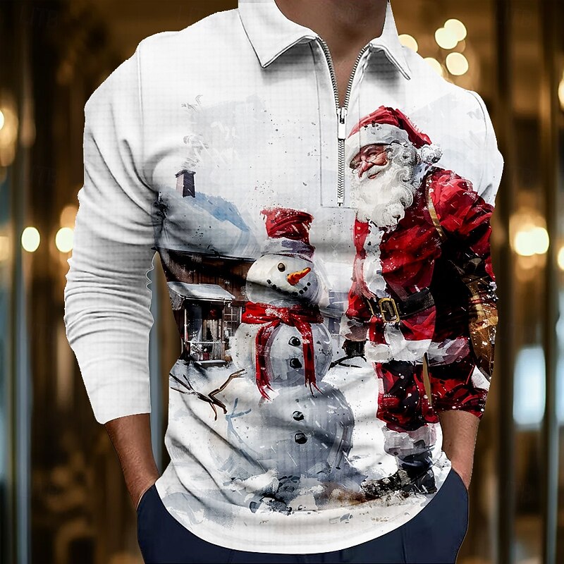 Christmas Men's Santa Claus 3D Zipper Polo Santa Claus Casual Resort Zip Long Sleeve Party Evening Vacation Spring Fall Winter Zipper 3D Print Collar White Beige Inelastic Polyester
