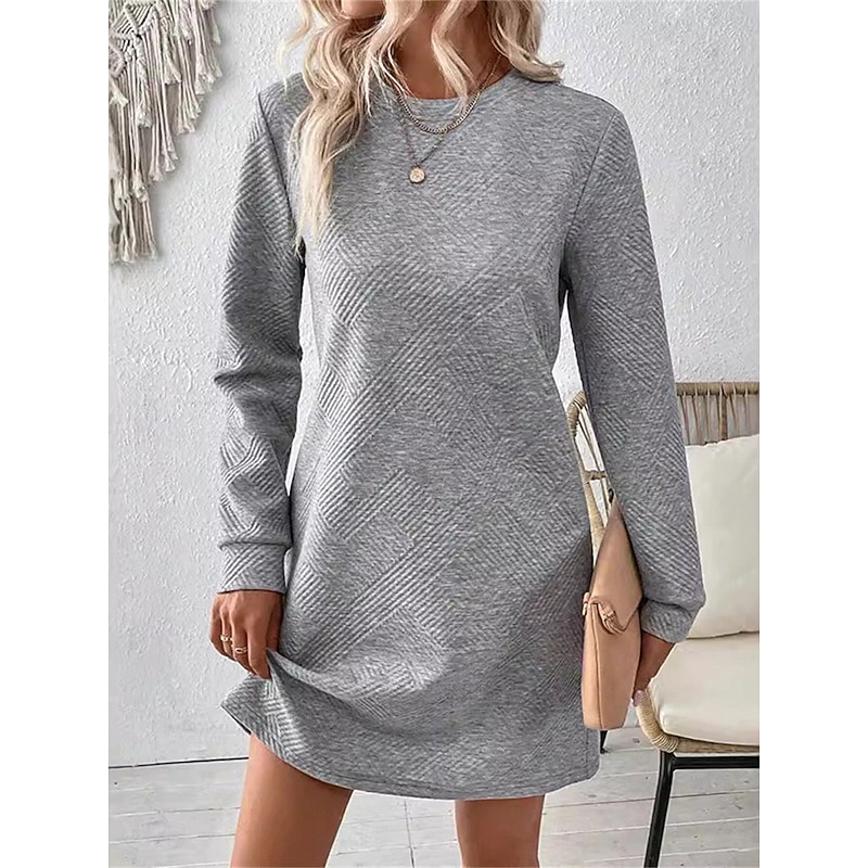 Women's Casual Dress Mini Dress Ruched Casual Crew Neck Long Sleeve Black Apricot Gray Color