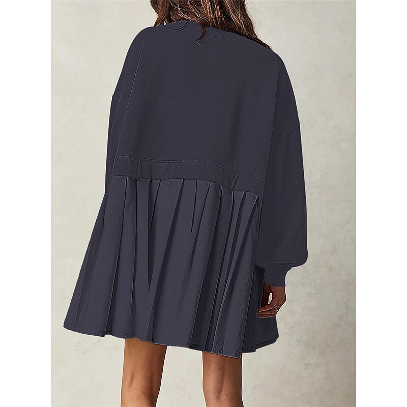 Women's Casual Dress Mini Dress Patchwork Fake two piece Casual Crew Neck Long Sleeve Black Navy Blue Khaki Color4