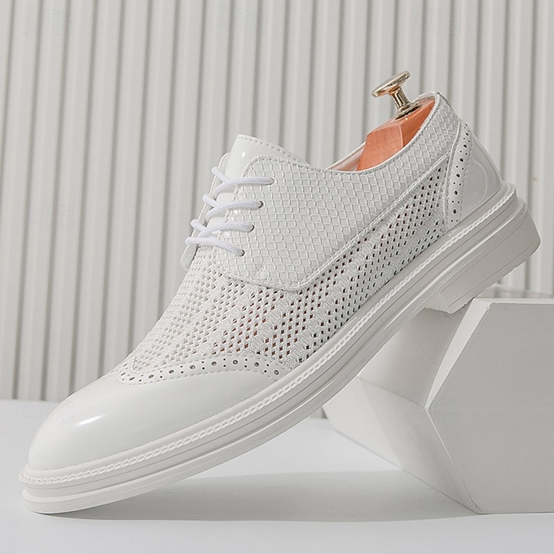 Men's White Mesh Lace-Up Oxford Shoes with Crocodile Pattern, Lightweight Breathable Dress Shoes for Summer Formal and Casual Wear