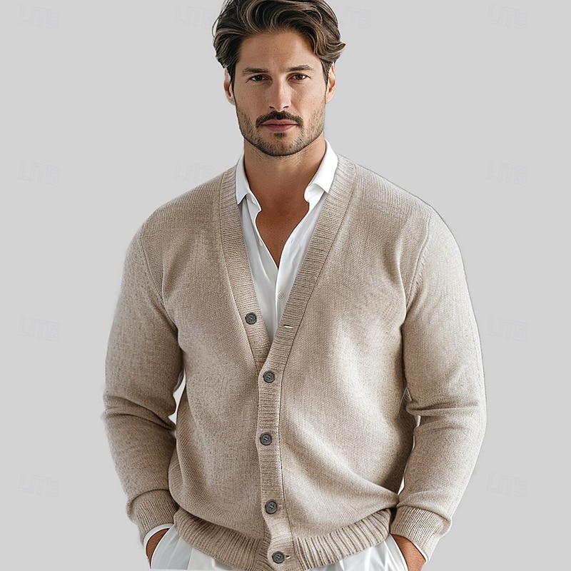 Men's 100% Wool Cardigan Sweater Knit Button Up Solid Color V Neck Knitwear Elegant School Training Clothing Apparel Bishop Sleeve Fall Winter Black khaki S M L XL