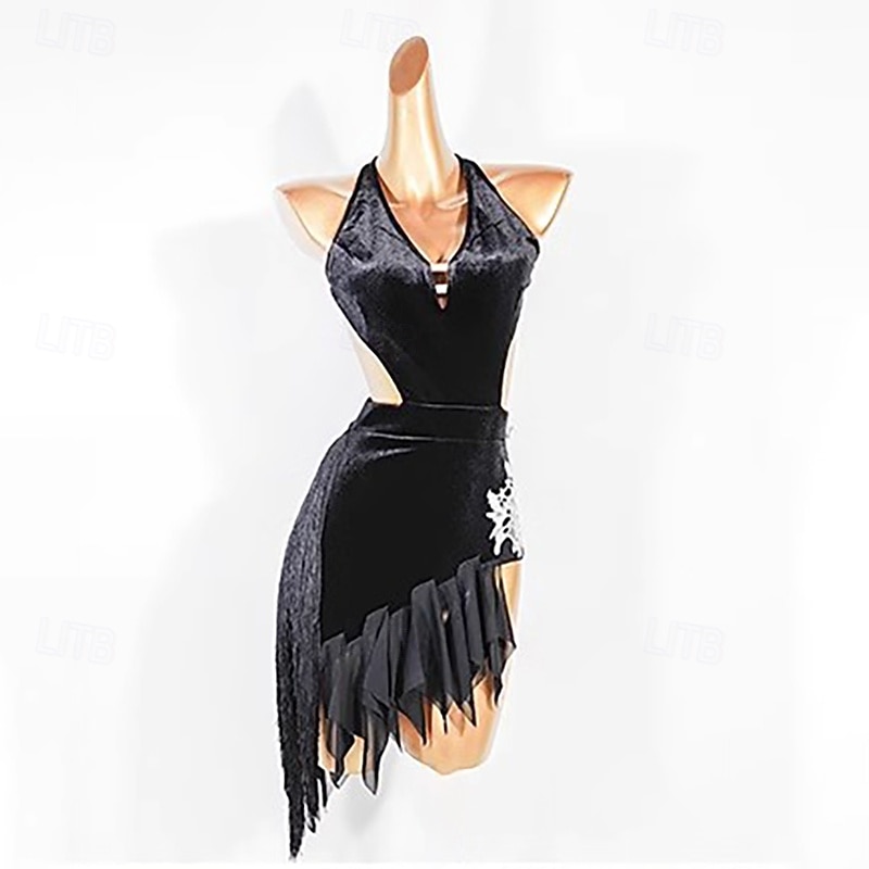 Latin Salsa Dance Dress Ruffles Tassel Splicing Women's Performance Party Sleeveless Mesh Velvet