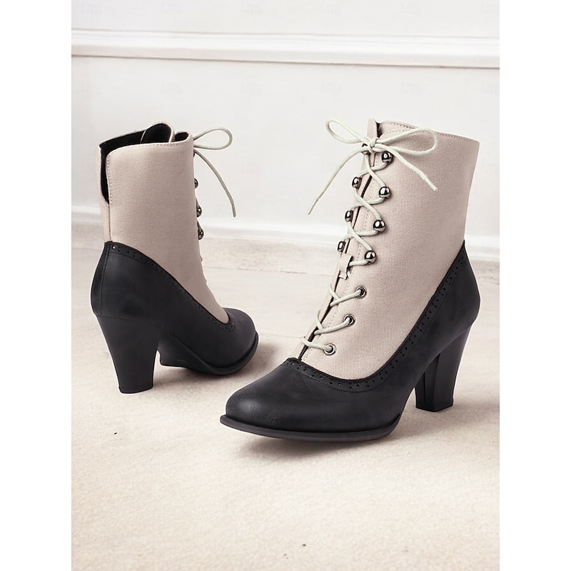 Victorian Vintage Lace-Up Ankle Boots with Heels for Women – Retro Style Faux Leather and Fabric High Heel Boots2