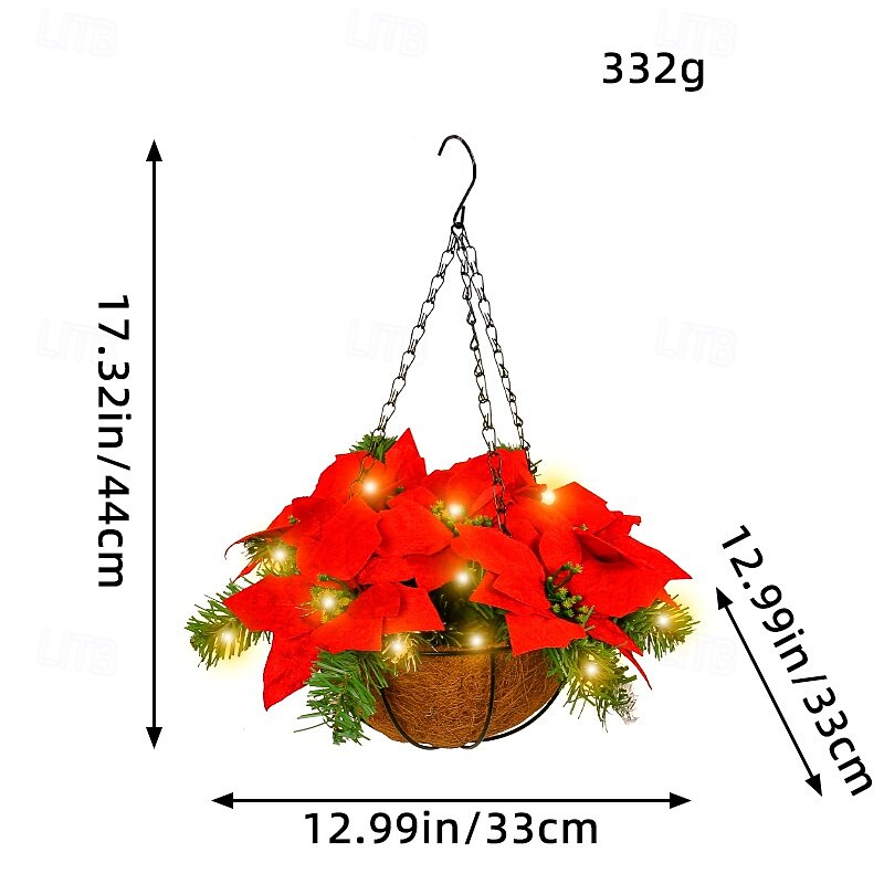 Artificial Poinsettia Christmas Hanging Basket, Pre Lit Faux Artificial Hanging Flowers in Basket, Christmas Red Fake Silk Plant Pot Planter with LED for Garden Yard Holiday New Year(red)2