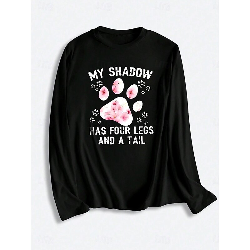 Women's T Shirt Letter Casual Long Sleeve Crew Neck Regular Tops Daily Print Black Spring Fall3