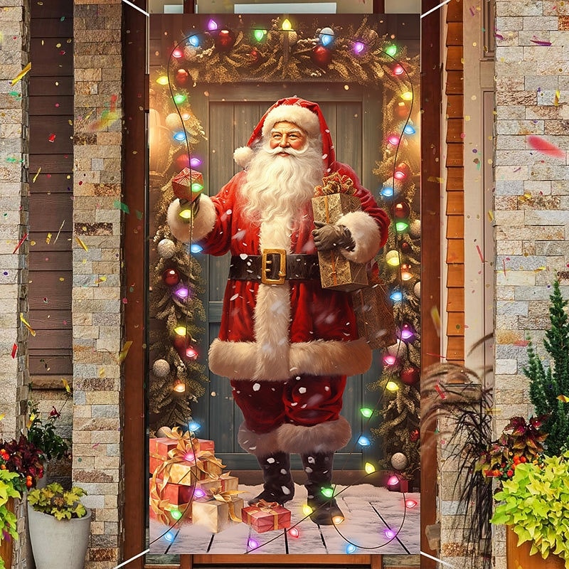 Christmas Door Decorations Door Covers Xmas Lights Santa Door Tapestry Door Curtain Decoration Backdrop Indoor/Outdoor Door Banner for Front Door Farmhouse