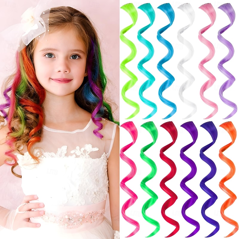 12 PCS Colored Hair Extensions for Kids, Curly Wavy Synthetic Hairpieces Clip in Rainbow Neon Party Highlights, Colorful Hair Accessories for Girls Women 17 Inch2