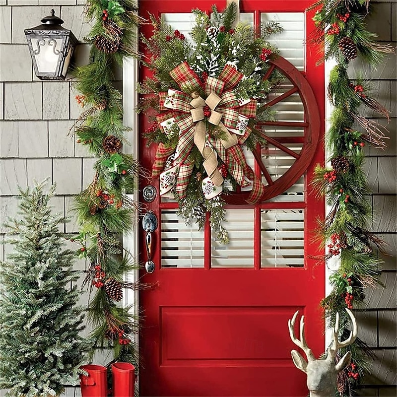 Winter Wreath-Farmhouse Wagon Wheel Red Wagon Wheel Christmas Wreath Vintage Farmhouse Wreath Design Decoration for Front Door Wall 40cm2