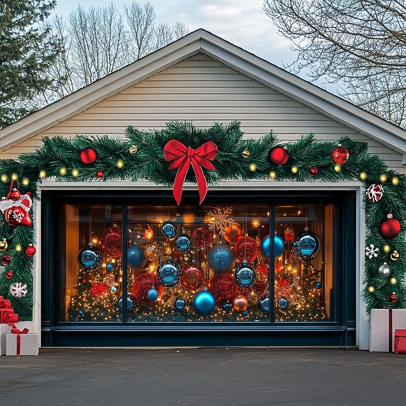 Christmas Door Decorations Garage Door Cover Santa Snowman Jingle Bell Xmas Outdoor Banner Large Backdrop for Holiday Home Wall Gifts Snow Village Christmas Tree