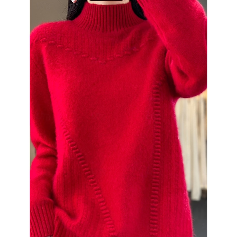 Women's Sweater Pullover Sweater Jumper Casual Soft Pure Color Ribbed Turtleneck Knitted Long Sleeve Regular Tops Knit Outdoor Daily Weekend White Red Fall Winter4