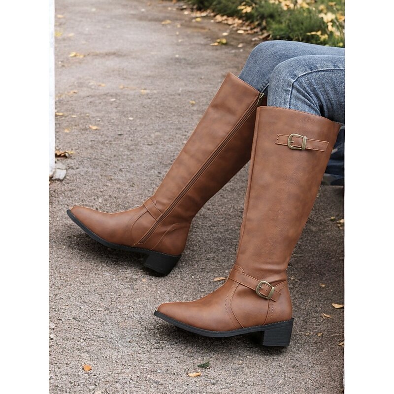 Women's Classic Brown Knee-High Riding Boots with Buckle Straps – Faux Leather Equestrian Style for Casual and Outdoor Wear3