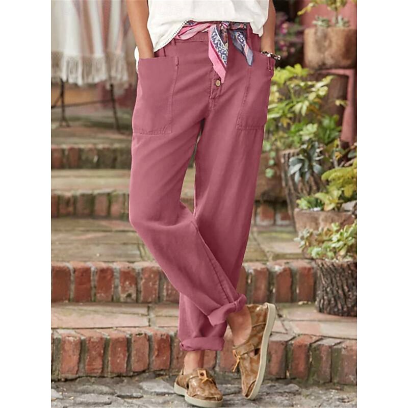 Women's Cotton Linen Pants Chinos Fashion Streetwear Full Length High Waist Plain Pocket Elastic Waistband Comfy Soft Comfortable Micro-elastic Outdoor Street Black Pink Green Gray Spring &  Fall3