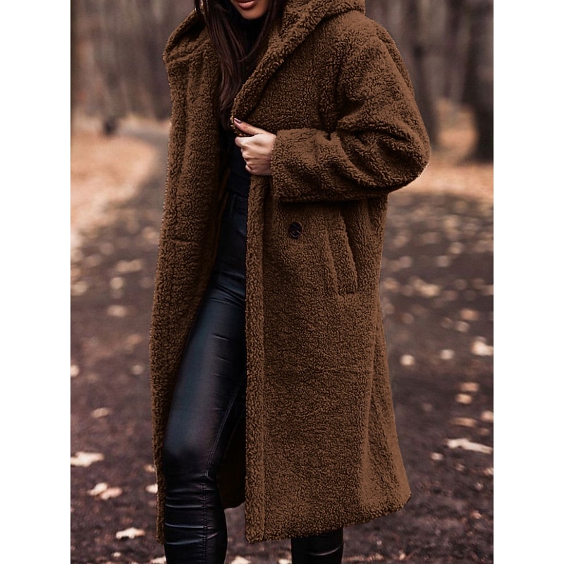 Women's Fleece Jacket Teddy Coat Hoodie Jacket Warm Breathable Buttons Pocket Fleece Lined Casual Plain Vacation Street Daily Wear Going out Single Breasted Long Hoodie Regular Fit Long Sleeve2