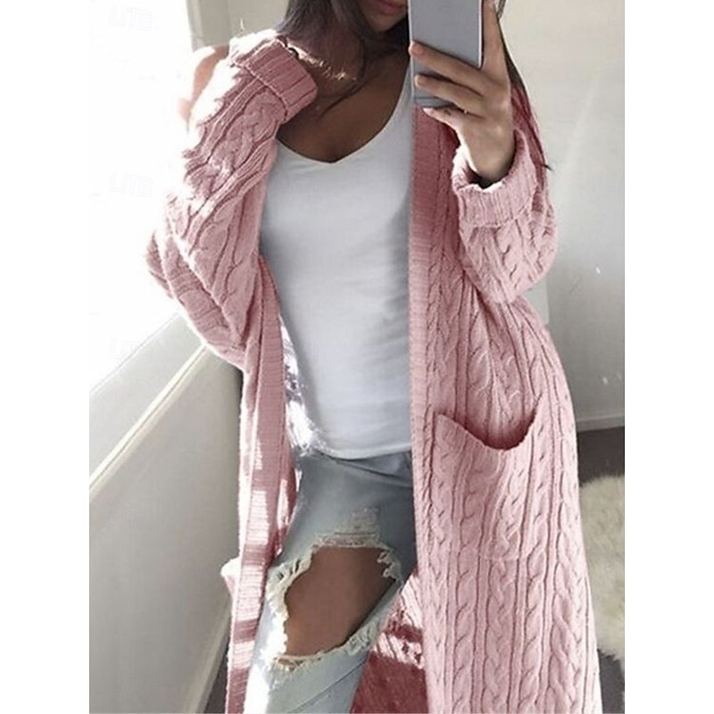 Women's Sweater Cardigan Casual Soft Pure Color Cable Open Front Pocket Knitted Long Sleeve Long Tops Knit Outdoor Daily Weekend White Pink Fall Winter