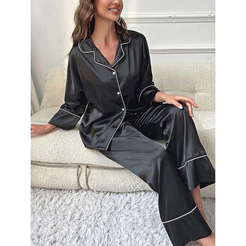 Women's Pajama Set Pure Color Casual Comfort Home Daily Satin Silk Comfort Warm Lapel Long Sleeve Shirt Pant Button Up Elastic Waist Fall Winter Home Outfits4