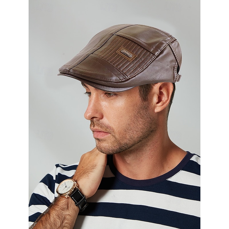 Men's Faux Leather Newsboy Cap with Classic Stitching Detail, Vintage Flat Cap for Casual and Outdoor Wear2