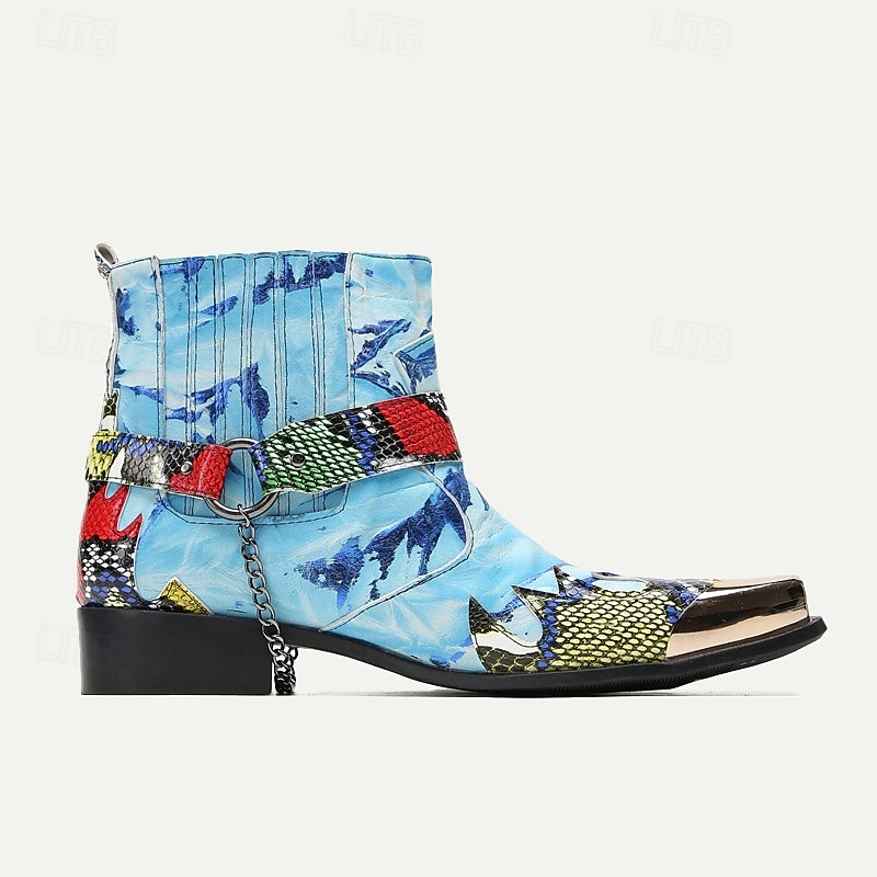 Men's Premium Cowhide Leather Ankle Boots – Colorful Snake Print and Metallic Toe Western Style Motorcycle Boots4