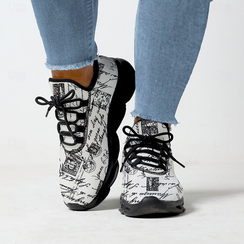 Women's Vintage Letter Print Sneakers - Black and White, Lightweight and Breathable Design, Ideal for Casual Outfits and Streetwear Fashion3