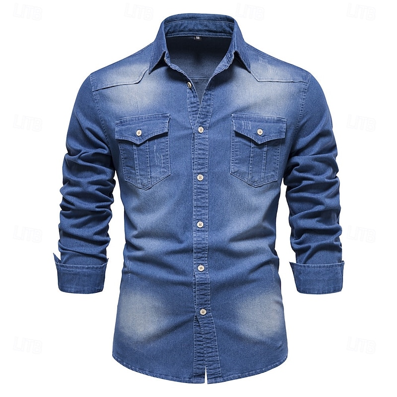 Men's Shirt Casual Shirt Button Up Shirt Denim Shirt Plain Vacation Daily Light Blue Black Dark Navy Blue Long Sleeve Collar Winter Spring &  Fall Clothing Apparel Front Pocket