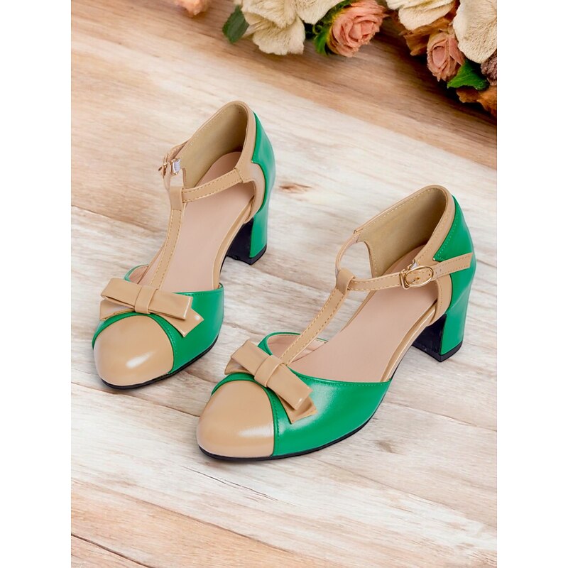 Vintage-Style Green and Beige Women's Block Heel Shoes with Bow Accent – Elegant T-Strap Sandals for Parties and Special Occasions