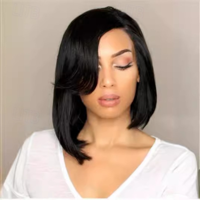 Synthetic Wig Body Wave Asymmetrical Wig Short Black Synthetic Hair Women's Fashionable Design Soft Natural Black4