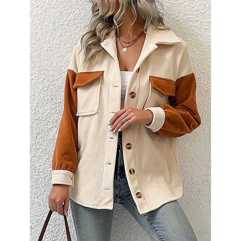 Women's Coat Outdoor Street Daily Wear Fall Winter Regular Coat Regular Fit Thermal Warm Breathable Stylish Casual Jacket Long Sleeve Plain with Pockets Apricot4