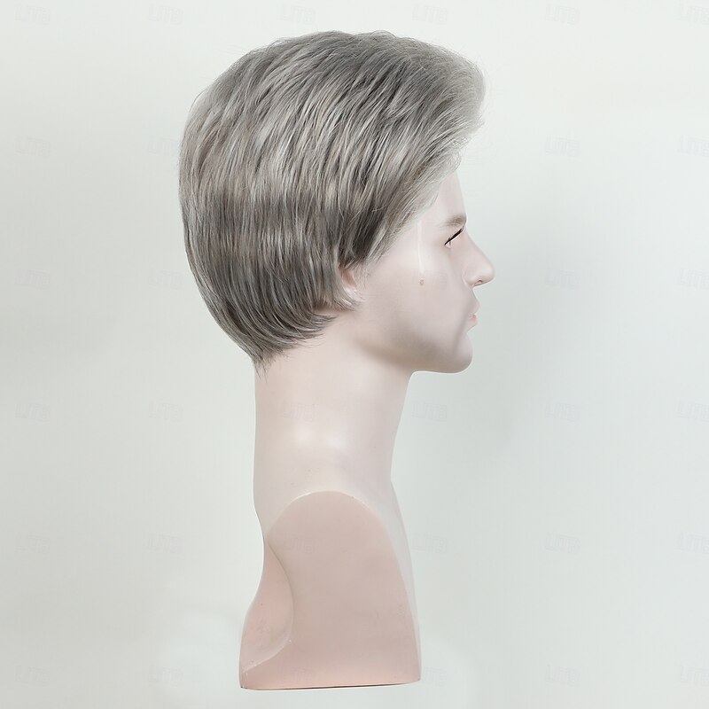 Synthetic Wig Straight Asymmetrical Wig Short Grey Synthetic Hair Men's Fashionable Design Soft Natural Gray3